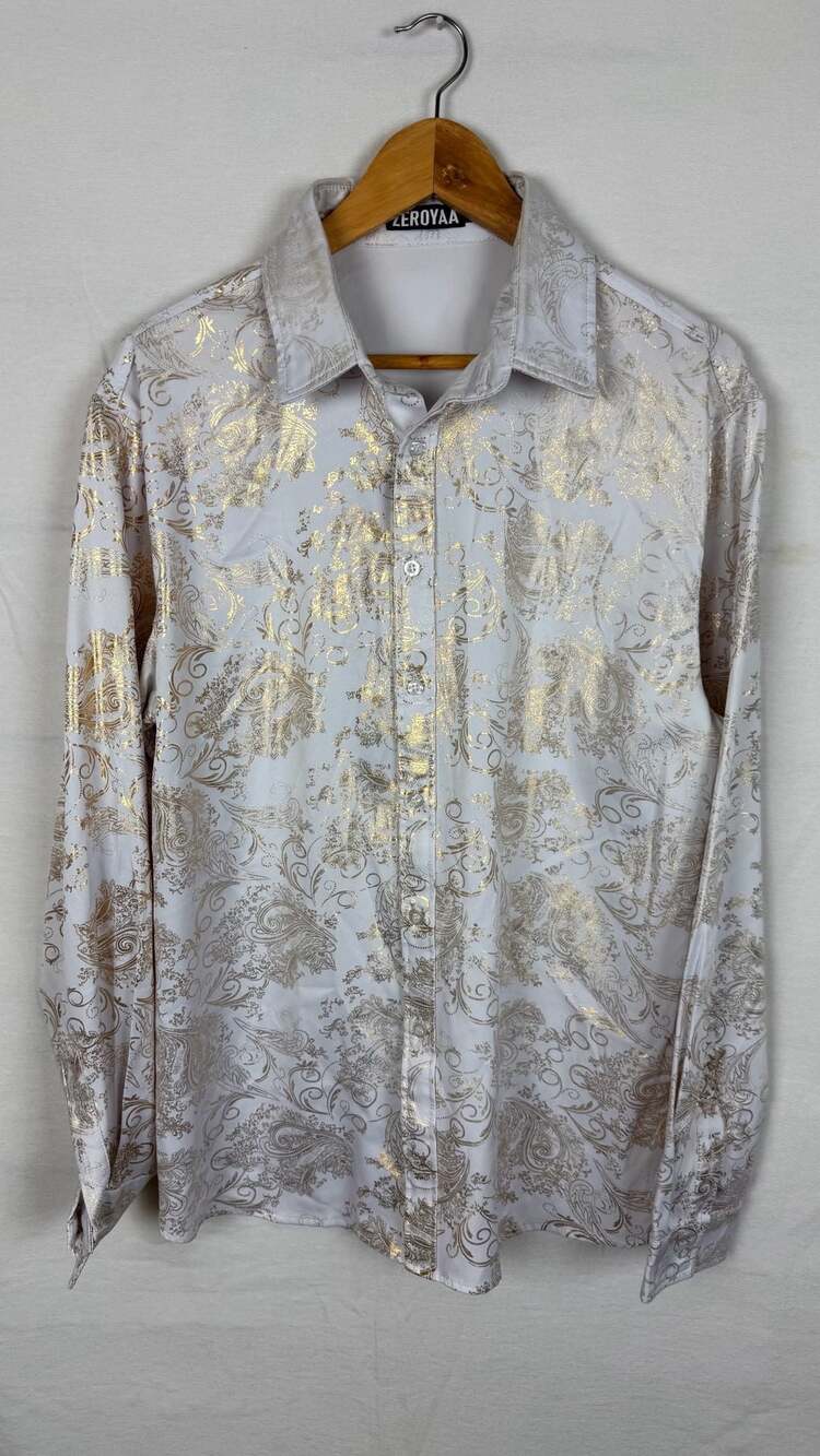 ZEROYAA Dress Shirt Gold White Paisley Baroque Long Sleeve Button Up men's